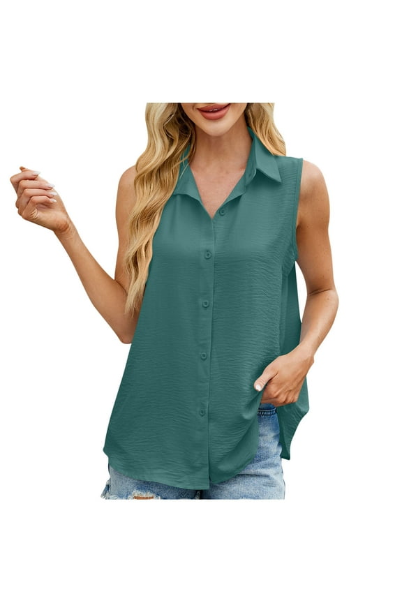 Women's Fashion Casual New Spring/Summer New Solid Color Lapel Button Up Sleeveless Top