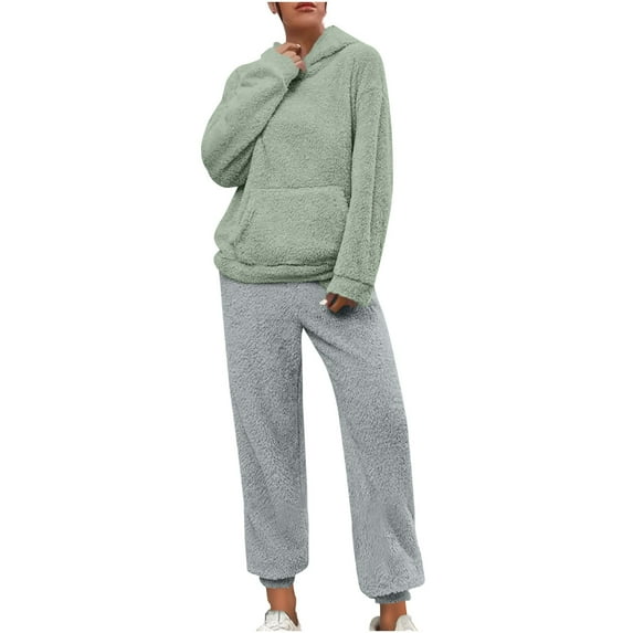 Inleife Womens Home Wear Long Sleeve Hooded Sets Couple Wear Solid Color Plush Insulation Set for Women