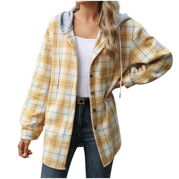 Inleife Womens Jackets Women's Casual Plaid Pocket Long Sleeved Hooded Jacket Top