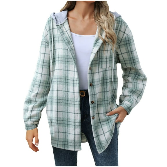 Inleife Womens Jackets Women's Casual Plaid Pocket Long Sleeved Hooded Jacket Top