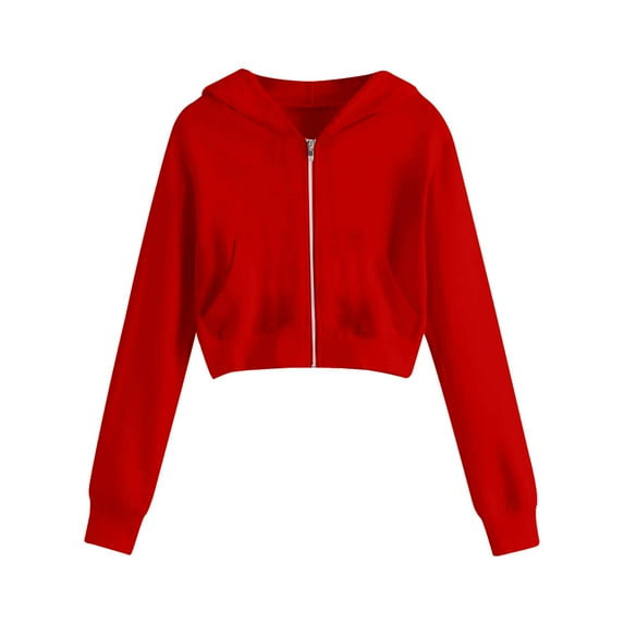 Inleife Womens Short Jackets Women's Solid Color Zipper Pockets Long Sleeve Hooded Casual Jacket Tops