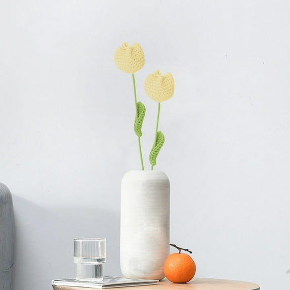 Clearance Sales Latrodar Tulip Crochet Flowers Handmade 2pc Knitted Bouquet Fake Artificial Flowers Bouquet Eco-Friendly ration Birthday Gift Yellow 16x2 Inch