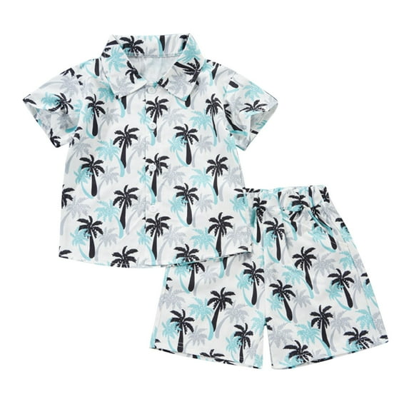 OGLCCG Boy's 2 Piece Outfits Tropical Print Short Sleeve Button Up Shirts and Elastic Waist Shorts Set Summer Casual Clothes 1-8Y