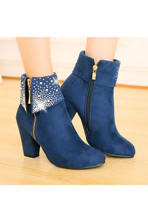 Women's Warm Ankle Booties Solid Retro Zipper High Heel Round Toe Square Heel Boots Shoes