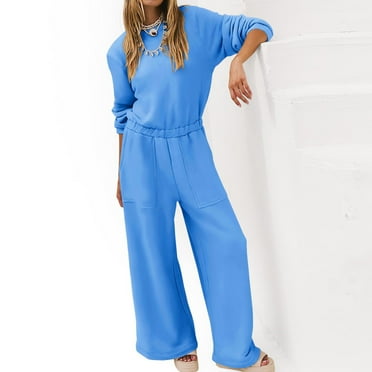 Clearance Sales Online Deals Ofreoo Women's Solid Color Turndown Collar Transparent Long Sleeve Belt Loose Pants Jumpsuit Christmas Gift