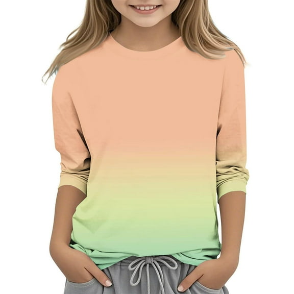 Tshirt Fashion Gradient Color Shirt 3/4 Sleeve Blouse Round Neck Tops Shirts 3/4 Sleeve Blouse Plus Size