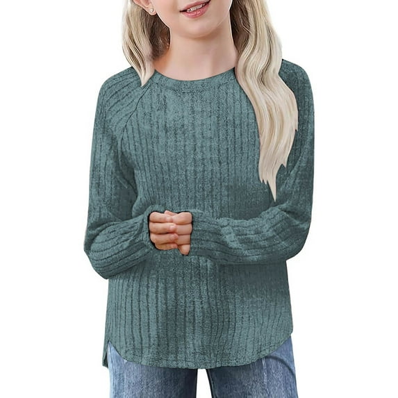 Children's Fashion Ribbed Knit Shirt Casual Solid Color Blouse Long Sleeve Tops Round Neck Blouses Shirts Girl Ribbed Shirt
