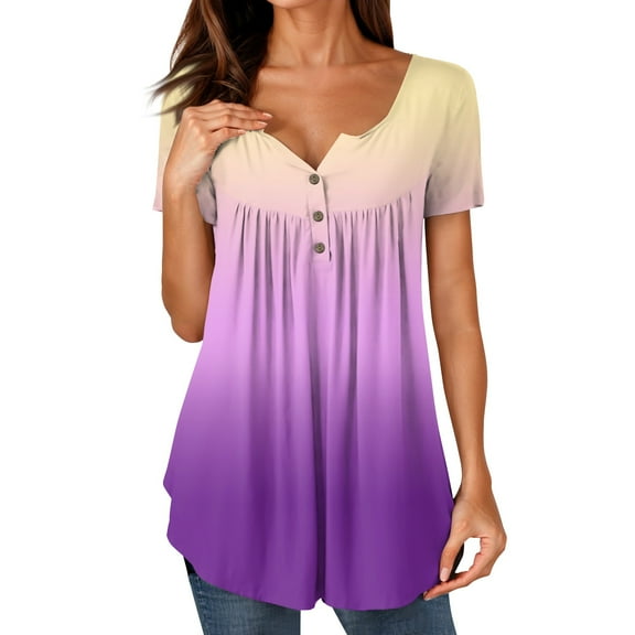 NAMTYQX Cute Tops for Women Plus Size Boxy Fit Ruched Hip Patterned Short Sleeve Button V Neck Casual Purple Size 2XL