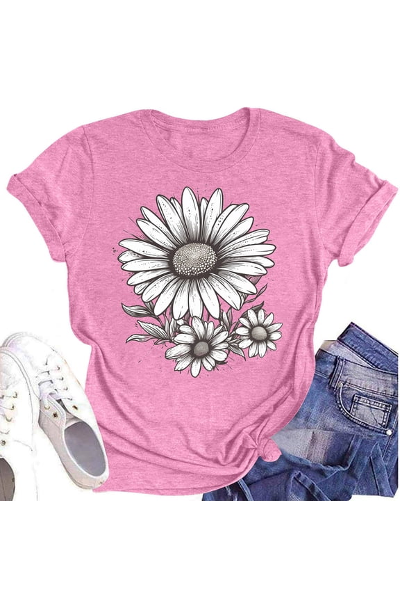 Going Out Tops for Women Bedrucktes Patterned Loose Fit Cool Short Sleeve Round Neck Stretch Plus Size Trendy Tops for Women 2025 Pink Size M