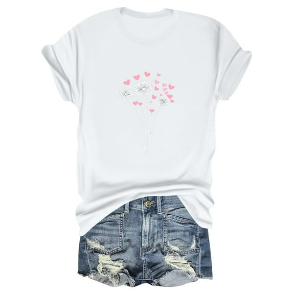 NAMTYQX Shirts for Women Trendy Summer Short Sleeve Print Stretch Loose Fitting Cool Crew-Neck Gemustert Plus Size Basic Summer Tops White Size L