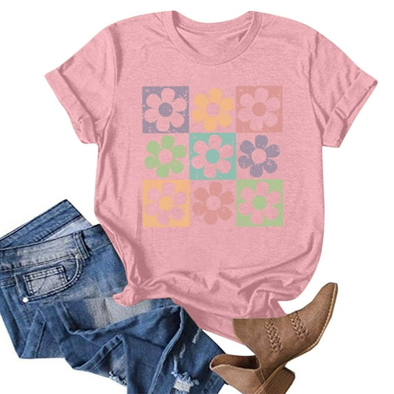 NAMTYQX Short Sleeve Shirts for Women Light Cool Simple Patterned Crewneck Short Sleeve Baggy Plus Size Graphic Trendy Tops for Women 2025 Pink Size L