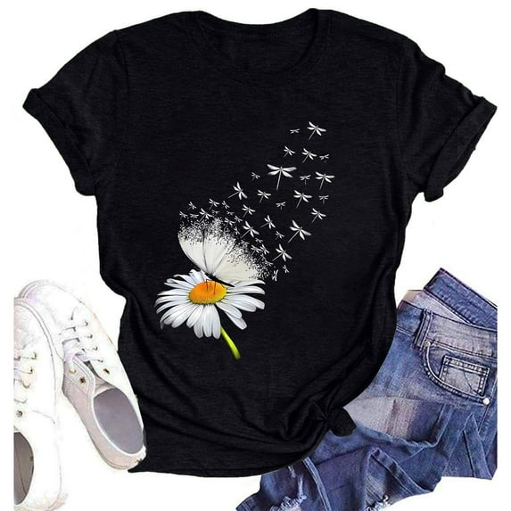 NAMTYQX Summer Shirts for Women 2025 Casual Pattern Plus Size Relaxed Fit Scoop Neck Short Sleeve Lightweight Muster Soft Oversized Graphic Tees for Women Black Size 2XL