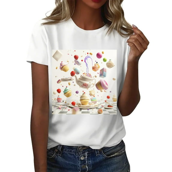 NAMTYQX Summer Tops Graphic Scoop Neck Breathable Stretch Plus Size Print Short Sleeve Casual Loose Fit Plus Size Summer Tops Light Pink Size 2XL