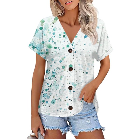 NAMTYQX Summer Tops for Women 2025 Lightweight Soft V Neck Casual Loose Plus Size Trending Button Down Open-Front Short Sleeve Light Blue Size L