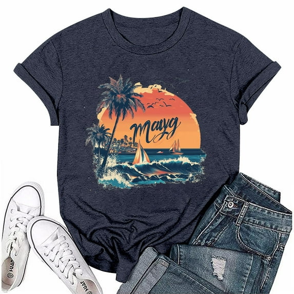 NAMTYQX Tops for Women 2025 Plus Size mit Print Stylish Loose Fitting Graphic Short Sleeve Cool Crewneck Stretch Womens Summer Tops Dark Blue Size L