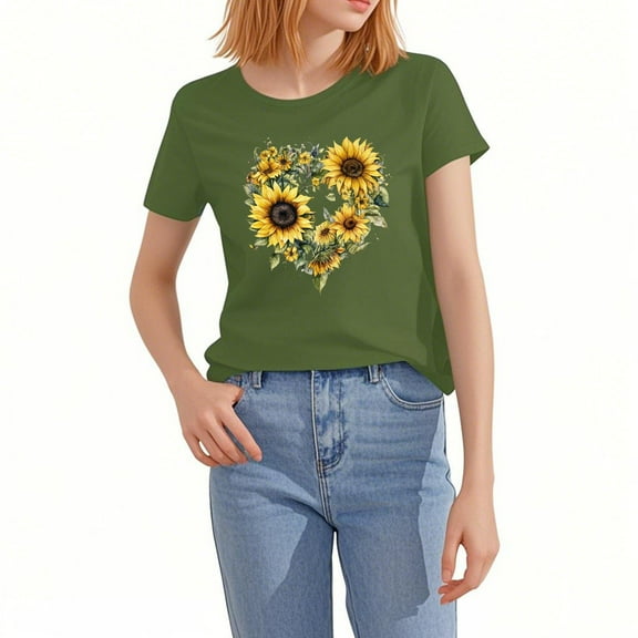 NAMTYQX Tops for Women Trendy Cool Scoop Neck Stretch Plus Size Short Sleeve Cute Graphic Gemustertes Baggys Summer Blouses for Women 2025 Army Green Size S