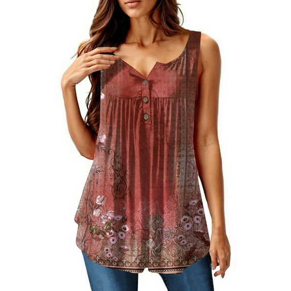 NAMTYQX Trendy Tops for Women 2025 Sleeveless Button V Neck Plus Size Ruffle Trending Casual Patterned Summer Shirts for Women Red Size 4XL