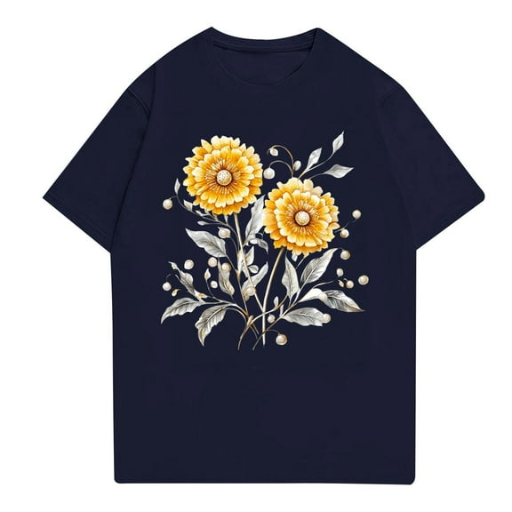 NAMTYQX Women's Blouses Patterns Tropischer Druck Plus Size Basic Breathable Loose Crewneck Lightweight Short Sleeve Blouses for Women Navy Size M