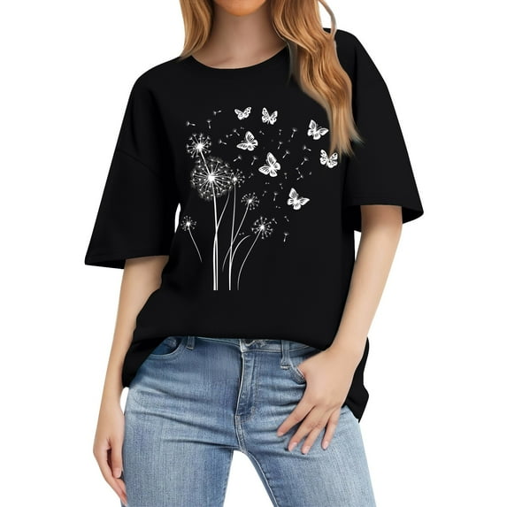 NAMTYQX Womens Graphic Tees Print Lounge Lightweight Cool Short Sleeve Plus Size Loose Fit Print Crewneck Casual Tops for Women Black Size 2XL