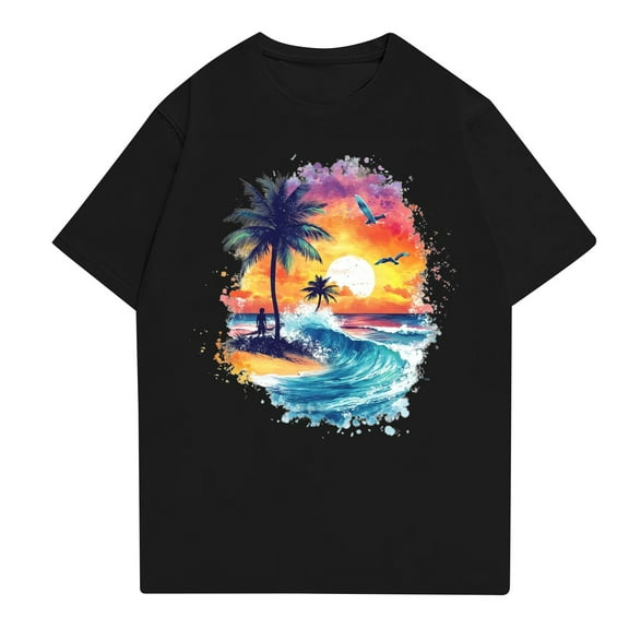 NAMTYQX Womens Graphic Tees Scoop Neck Loose Hawaii Tropical Patterns Basic Lounge Short Sleeve Plus Size Stretchy Black Size 2XL