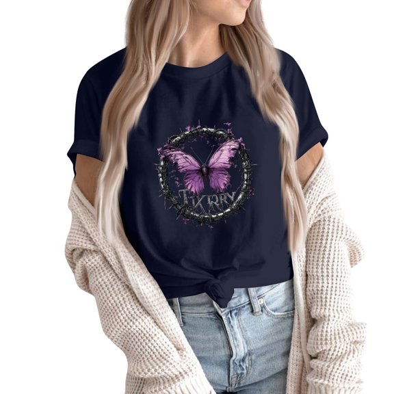 NAMTYQX Womens Oversized Tee Shirts Cool Stretchy Oversized Slack Stylish Graphic Short Sleeve Crewneck Muster Oversized Graphic Tees for Women Navy Size 5XL