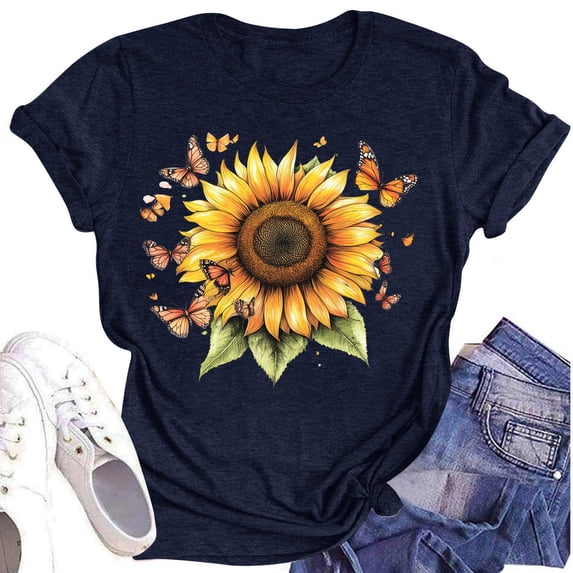 NAMTYQX Womens Spring Tops Hawaiian Short Sleeve Print Printed Plus Size Relaxed Fit Crew Neck Soft Stretch Graphic Tees for Women Trendy Navy Size S