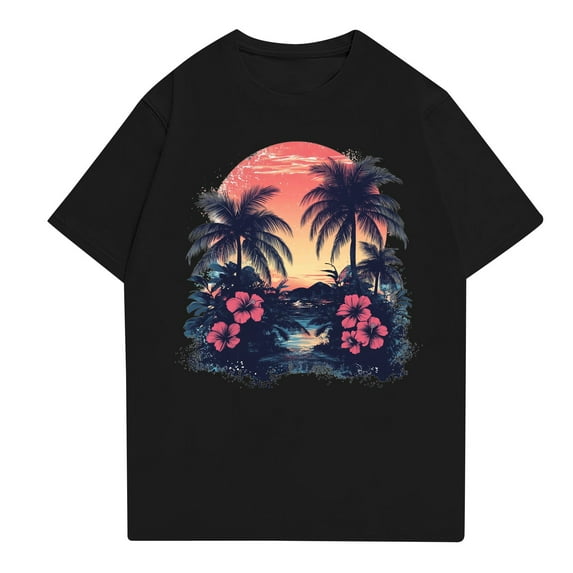 NAMTYQX Womens Summer Tops Cute Light Loose Short Sleeve Hawaii Tropical Graphic Plus Size Casual Round Neck Black Size 3XL