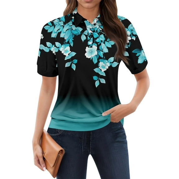 NAMTYQX Womens Summer Tops Short Sleeve Soft Lounges Womens Polo Shirts Lapel V Neck Casual Cyan Size XL