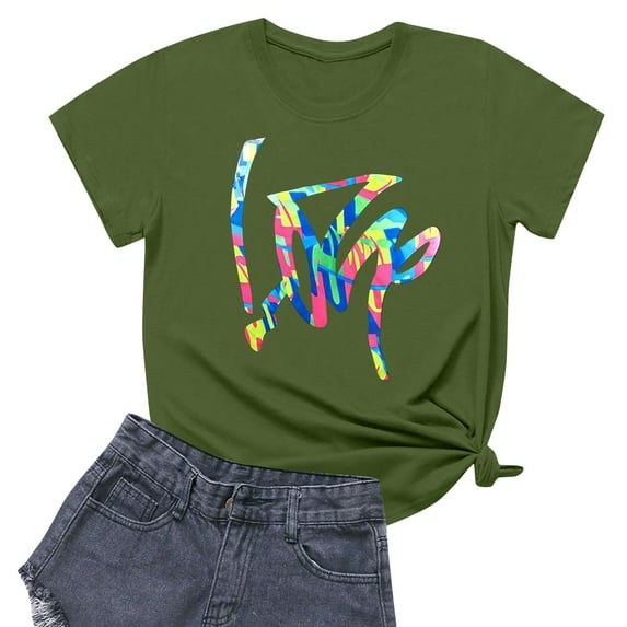 NAMTYQX Womens T Shirts Loose Fit Loose Gemustertes Oversized Short Sleeve Fashion Crew Neck Lightweight Soft Graphic Women's Summer Tops Army Green Size M