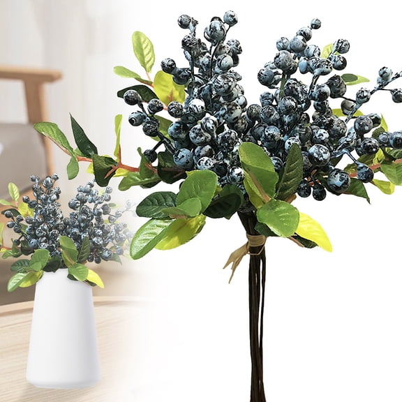 Clearance Under $5 Artificial Blueberry Stems Blueberry Berry Spray Plastic For Kitchen Counter Fruit Bowl Living Room Vase Filler Blue (6Pc)