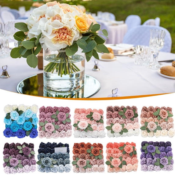 Clearance Under $5 Artificial Dyed Roses 25-Bloom Dyed Rose Plastic For Living Room Vase Filler Wedding Centerpiece (E) (25Pc)