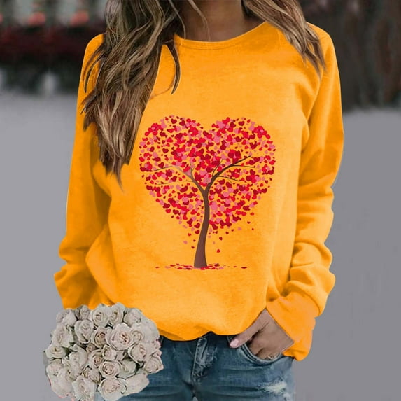 Clearance Sales Today Deals Prime Oversized Sweatshirt for Women Women's Fashionable Round Neck Casual Valentine's Day Love Tree Print Long Sleeve Top Sweatshirt