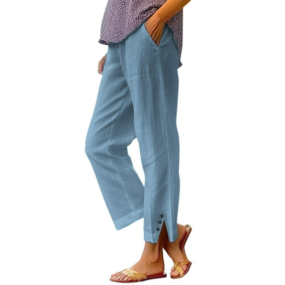 Clothing 2025 Women's Casual Pants Women Solid Straight Solid Elastic Pants Long Drawstring Linen Women Waist Cotton Casual Button Slit Trouser Legs Pants Women Blendingpants