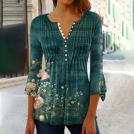 Clearance Sales Today Deals Womens Tops 3/4 Length Sleeves V Neck Button Down T Shirts Going Out Business Casual Outfits Summer Fashion Tops 2025 Soft Comfy Basic Tees Ofertas De Hoy En Walmart