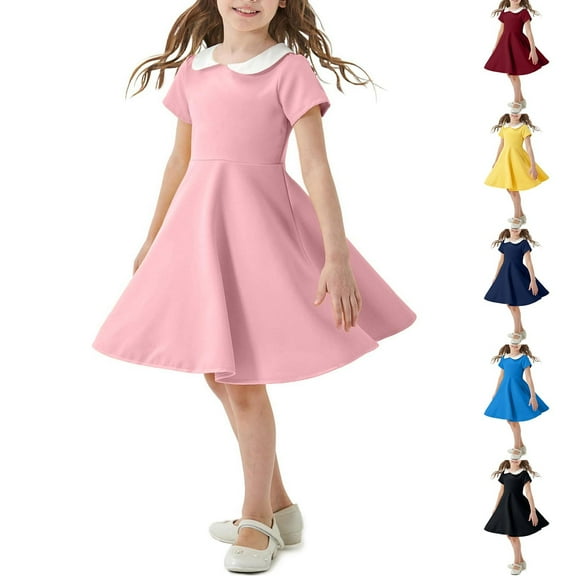 kttectoa A-Line Tunic Flowy Casual Dresses Dress Doll-Collar Solid Short Sleeve Dresses for Kids Trendy Dress for Street 2-12Y
