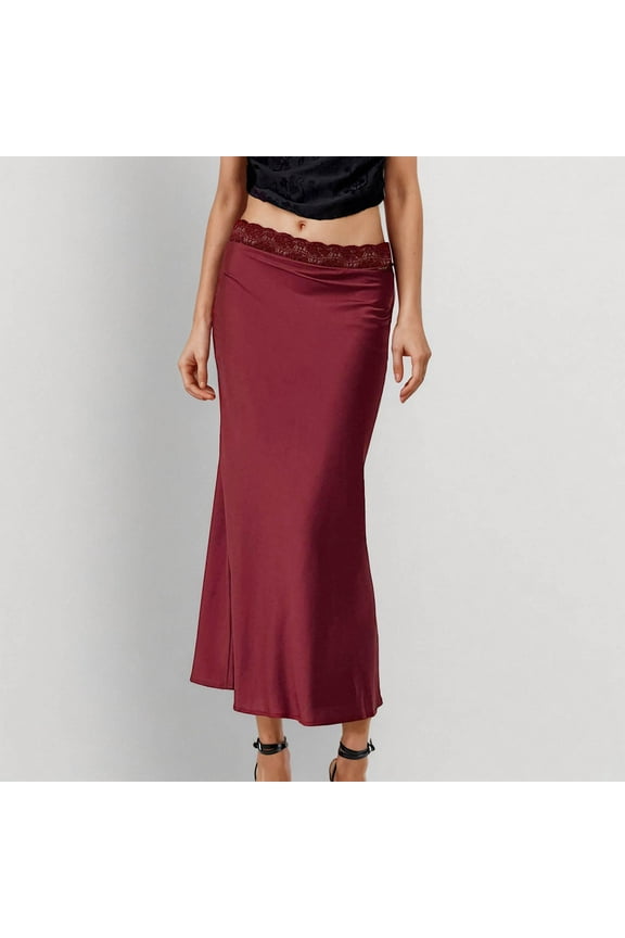 Lace Splicing Hang Down Pleated Fishtail Skirt Women's Skirts Solid Skirts Zipper Mid Waist Long Skirt for Women Stylish Casual Daily Wear
