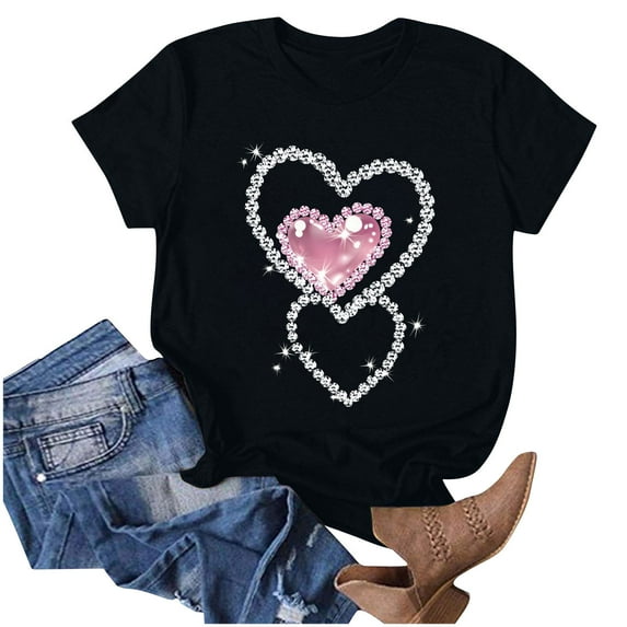 kttectoa Valentines Day Shirts Women Basic Tees Shirts for Women Diamond Graphic Tee Tops Crewneck Short Sleeve Tee Tops for Womens Loose Fit Costume