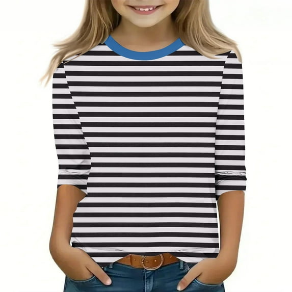 Clearance Sales Today Girls Shirts Size 8 Crew Neck Tshirt Three Quarter Sleeve Shirt Striped T-Shirt Girls Blouse for Girls Size 14-16