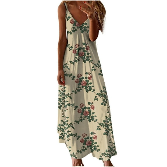 Clearance Sales Today Joau Womens Vintage Printed Sleeveless Baggy Maxi Dress Summer Casual V Neck Loose Flowy Long Dress Evening Party Holiday Beach Sundress