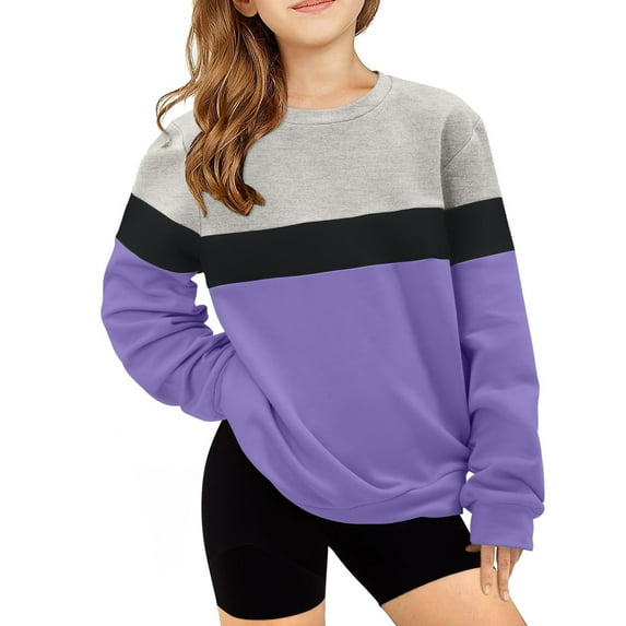 Kids Long Sleeve Shirts Girls Casual Blouse Tops Color Block Patchwork Shirt Round Neck Pullover Sweatshirt Top