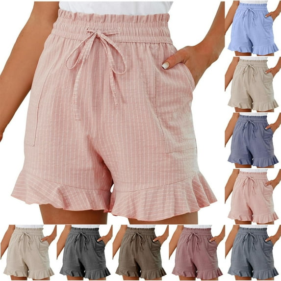 Clearance Sales Today Sales Prime! lcziwo Womens Summer Vacation Shorts Trendy Ruffles Striped Beach Shorts Drawstring Baggy Casual Short Trousers with Pockets Navy M