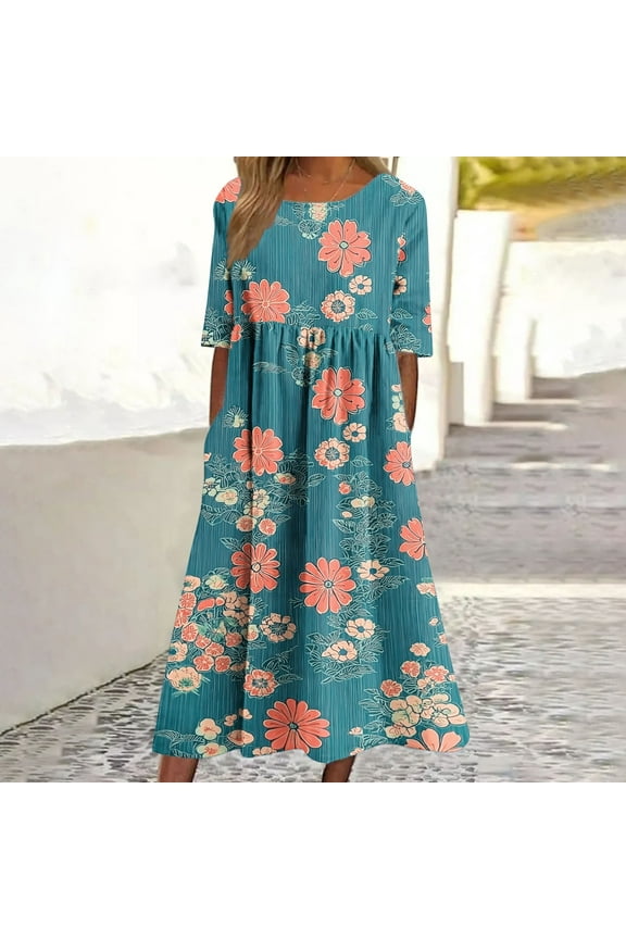 Today Summer Dresses for Women 2025 Vacation Half Sleeve Fashion Casual Floral Dress Flowy A Line Maxi Dress Crew Neck Boho Beach Sundress with Pockets Ofertas Relampago De Ropa