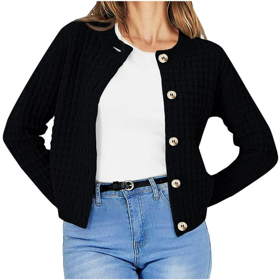 Turilly Women's Round Neck Knitted Top Retro Casual Single Breasted Long Sleeved Cardigan Sweater Jacket