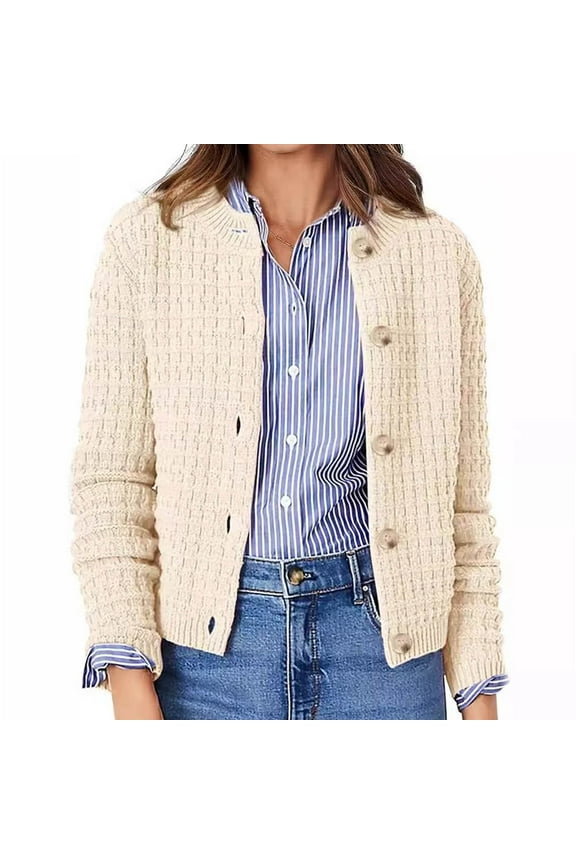 Women's Round Neck Knitted Top Retro Casual Single Breasted Long Sleeved Cardigan Sweater Jacket