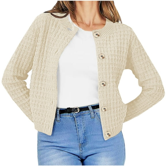 Turilly Women's Round Neck Knitted Top Retro Casual Single Breasted Long Sleeved Cardigan Sweater Jacket