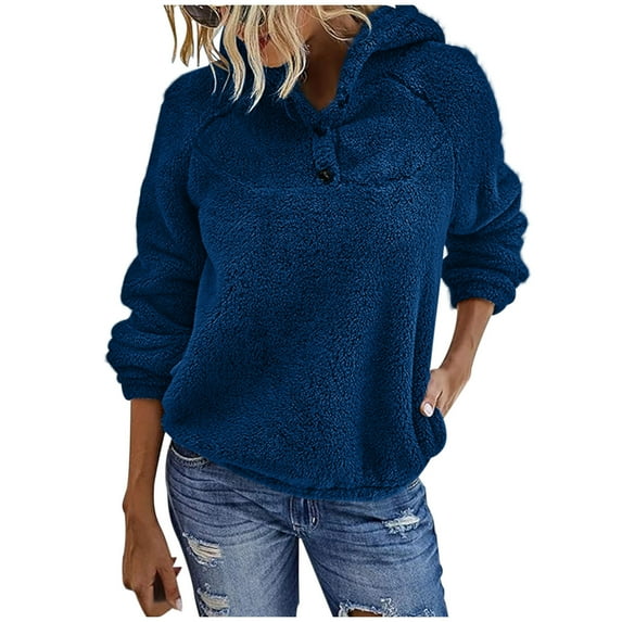 Turilly Women's Solid Color Long Sleeved Double-sided Plush Hooded Pocket Long Sleeve Sweatshirt Top
