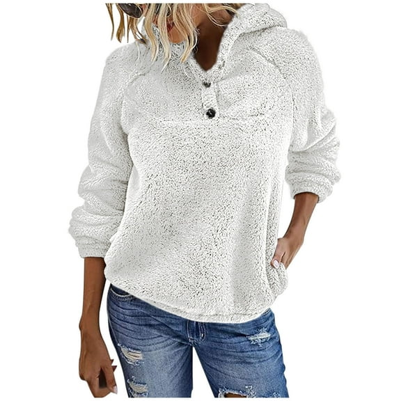 Turilly Women's Solid Color Long Sleeved Double-sided Plush Hooded Pocket Long Sleeve Sweatshirt Top