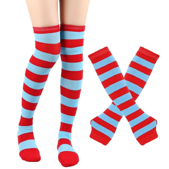 Sales UHGANN Under $5 Womens Striped Thigh High Socks Long Arm Warmers Set Fingerless Gloves Halloween Costume Long Cotton Knee High Socks