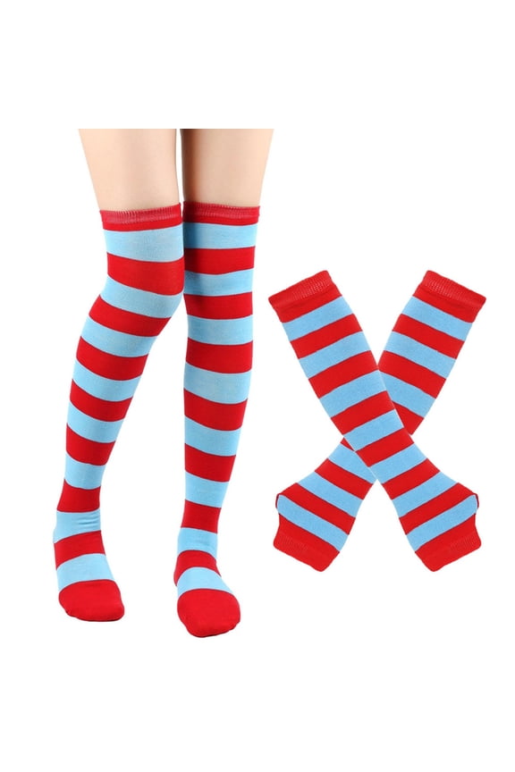 Sales UHGANN Under $5 Womens Striped Thigh High Socks Long Arm Warmers Set Fingerless Gloves Halloween Costume Long Cotton Knee High Socks