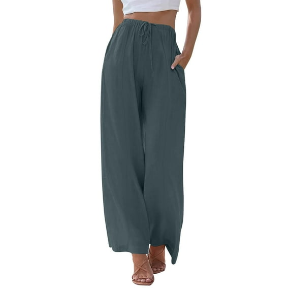Clothing 2025 Women's Casual Pants Linen Pants Women Summer Wide Leg Pants Drawstring Elastic Waist Pants High Waisted Pants Casual Beach Trousers Women Blendingpants